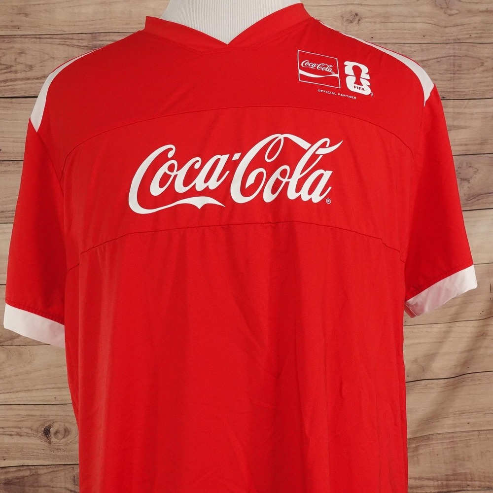 Coca-Cola Shirt Mens XL Red FIFA Soccer Jersey Short Sleeve Mesh Stretch V-Neck